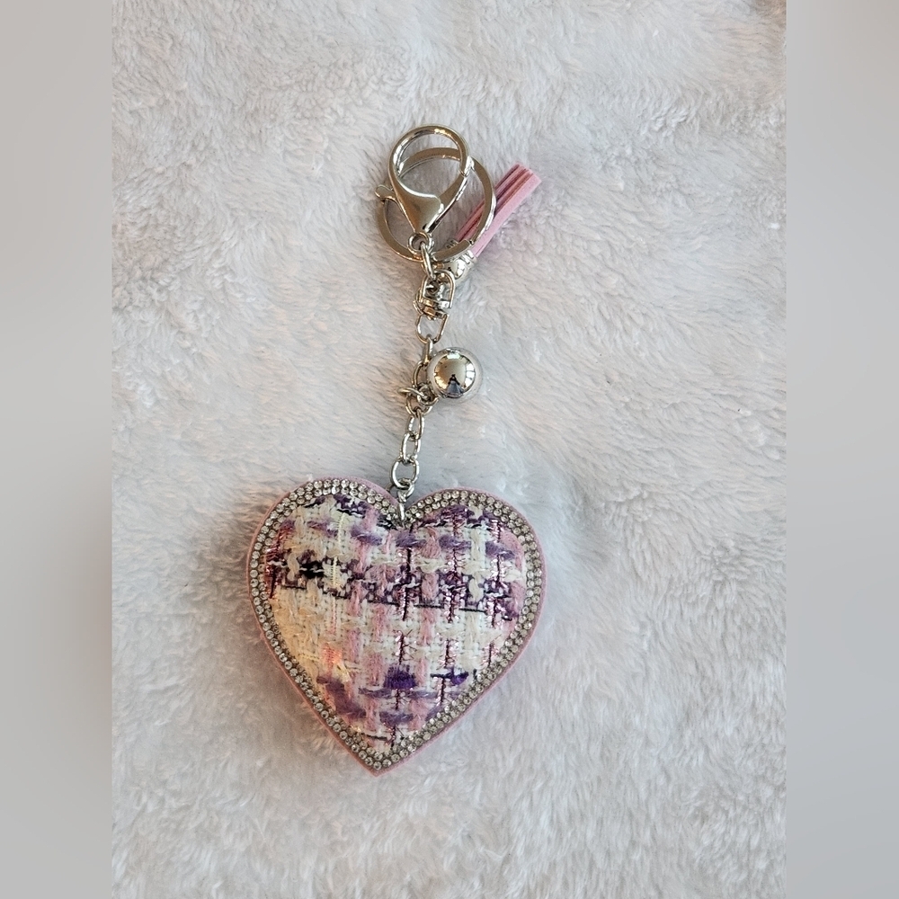 Heart-Shaped Keychain with Purple Stitching Accents Bag Charm